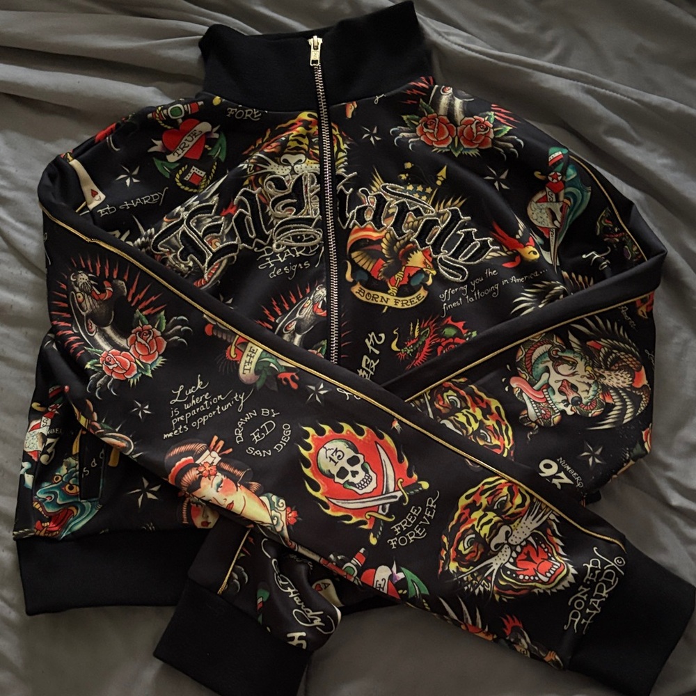Ed Hardy Black Tattoo Graphic Zip Jacket with Red and Yellow Accents